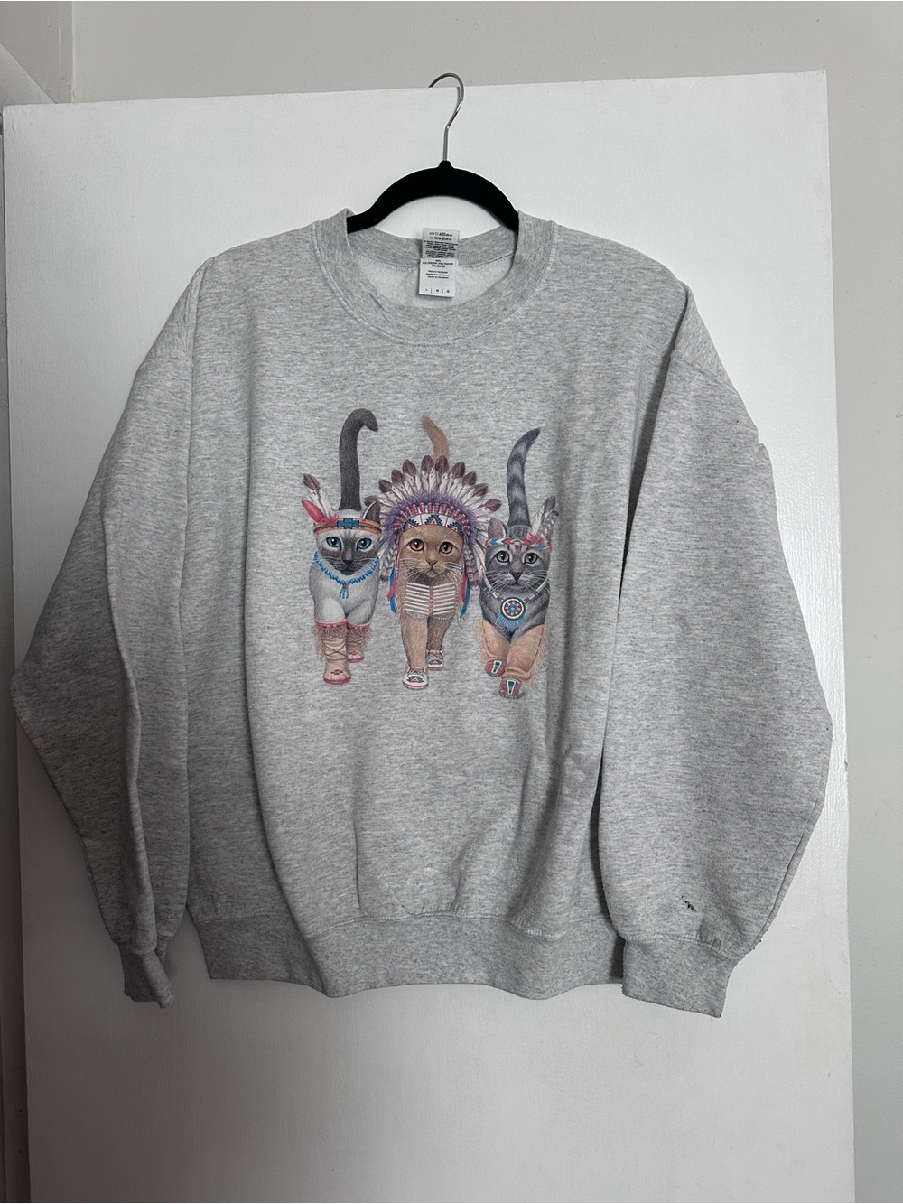 Gildan Gray Crewneck Sweatshirt with Colorful Tribal Headdress Cat Trio